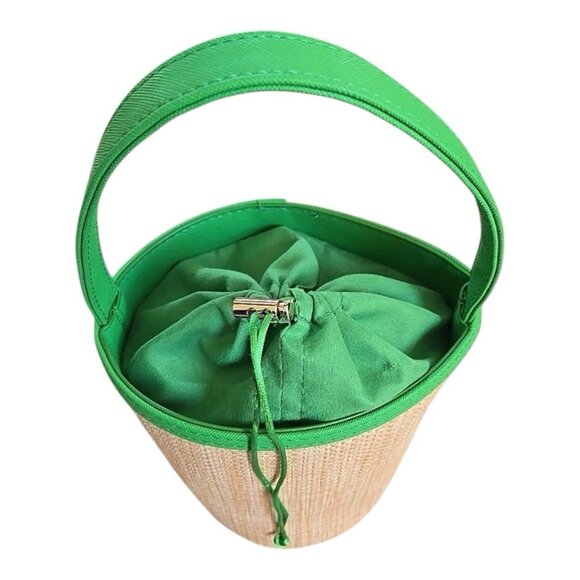 Neiman Marcus Cosmetics Woven Bucket Bag Green Great For Beach And Summer - Picture 2 of 6